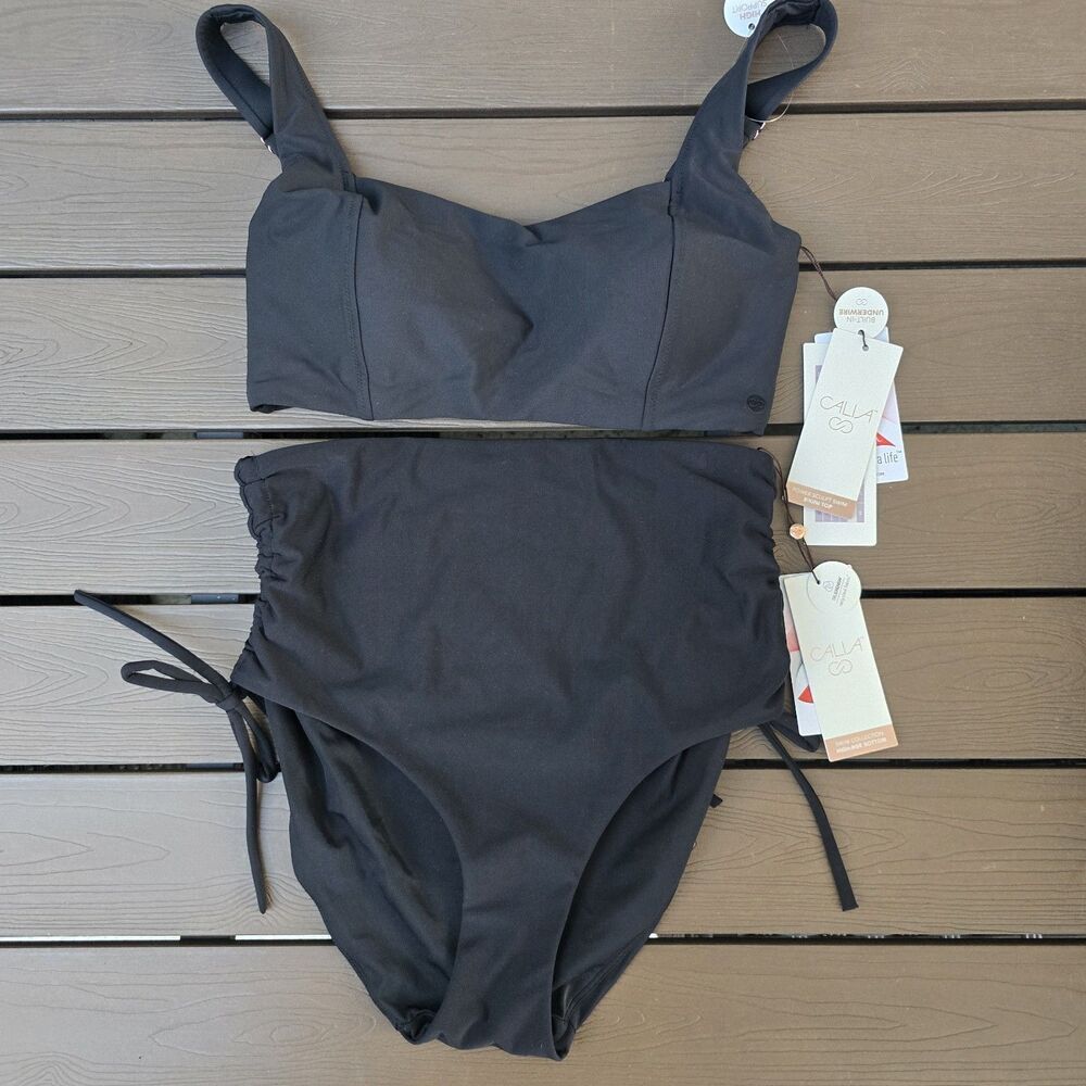 CALIA Women's Black Power Sculpt Top & Rouched Side High Rise Bikini Sz XS New
